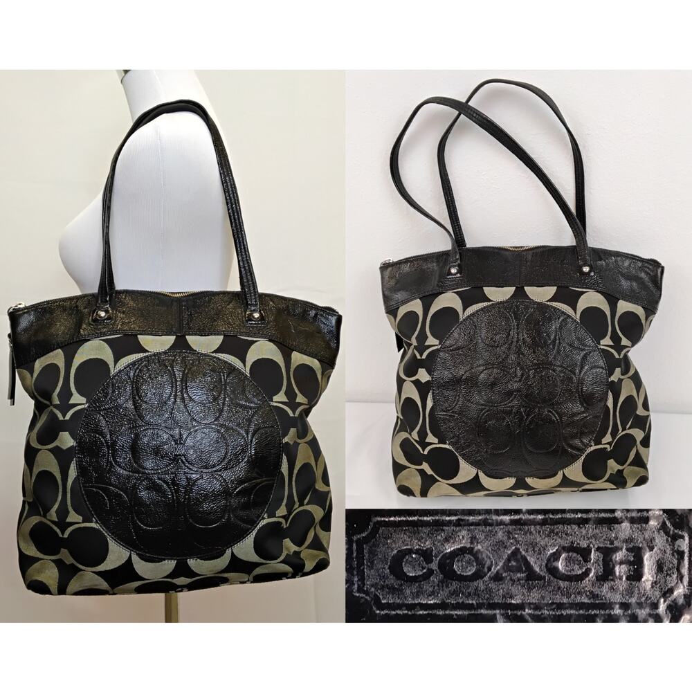 Coach Signature Laura Tote Bag Black/Gray Coated Leather F18335 #Z5117